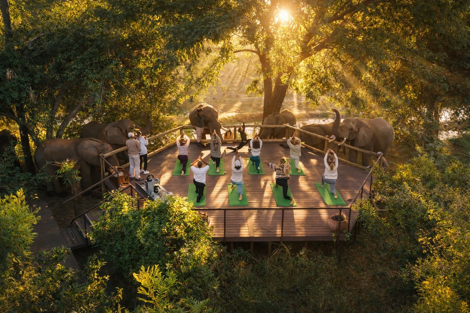 Group class in a forest clearing near elephants