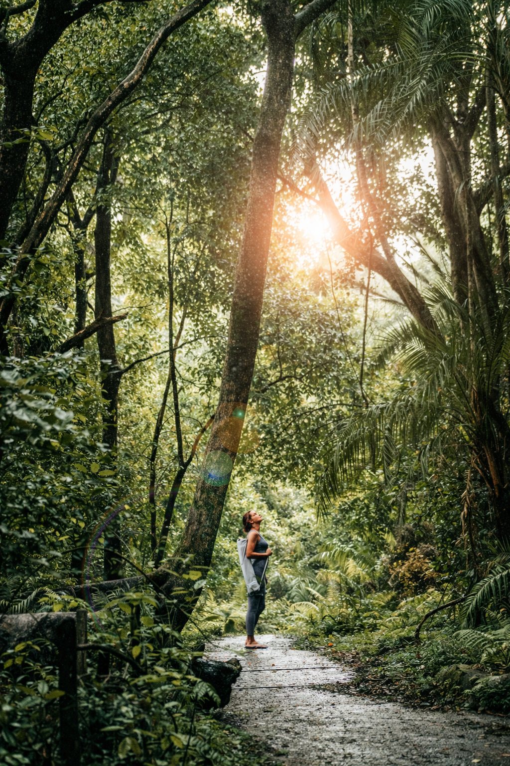 A guest walking a rainforest trail overlooking Victoria Falls